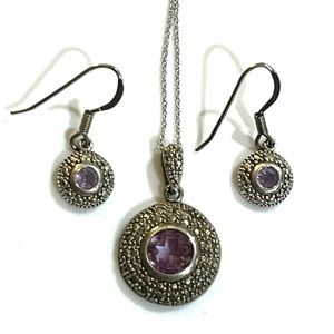 Signed, Vintage Amethyst Marcaiste Sterling Silver Pendant & Earring Set